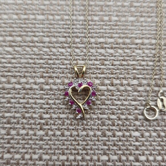 19 Inch Gold Over Sterling Silver Ruby Gems Heart Necklace A2452 - Picture 4 of 8